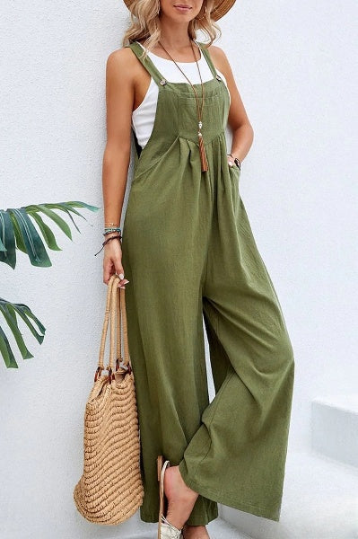 Linnen jumpsuit met verstelbare riem voor vrouwen, losjes met vierkante hals, ideaal voor de zomer