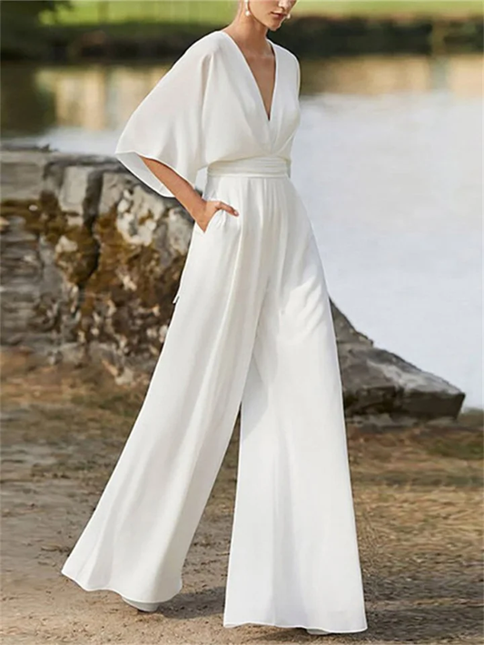 Stijlvolle jumpsuit met V-hals, wijde pijpen en vleermuismouwen voor dames | Ideaal voor de lente/zomer
