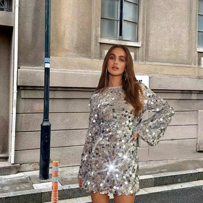 Zilveren Pailletten Mini Feestjurk Stralend en Elegant