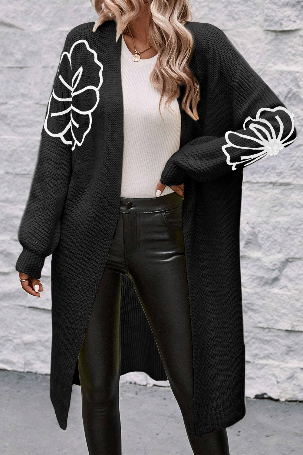 Open lang vest met bloemenborduursel voor dames | Ideaal voor herfst/winter