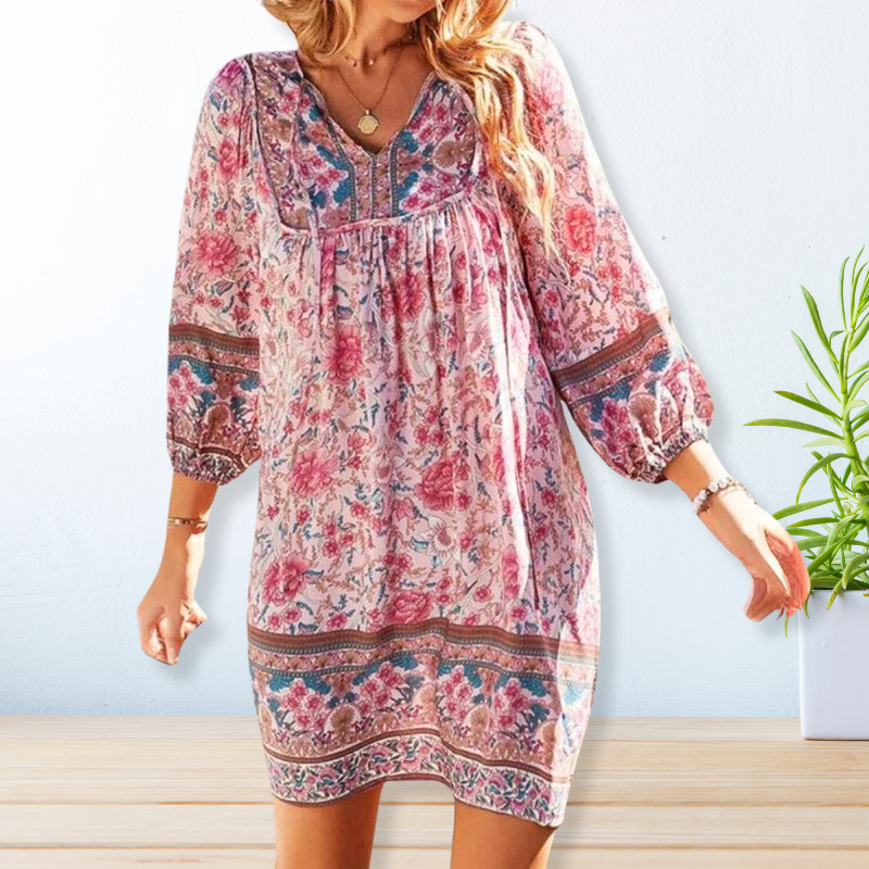 Zomerjurkje met bloemenprint in navy pink yellow green