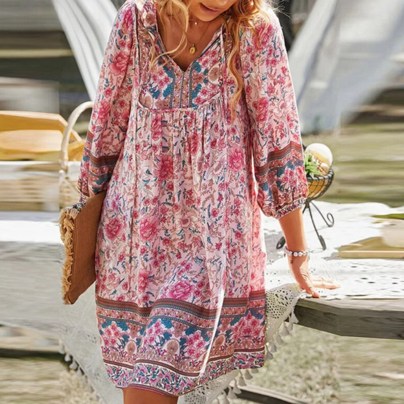 Zomerjurkje met bloemenprint in navy pink yellow green