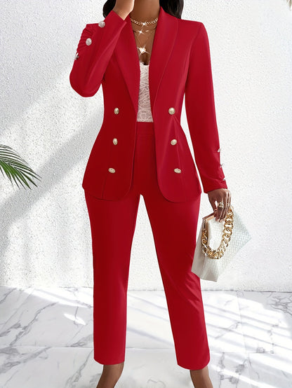 Stijlvolle blazer en pantalonset met ingekeepte kraag en gouden knoop voor dames | Ideaal voor alle seizoenen
