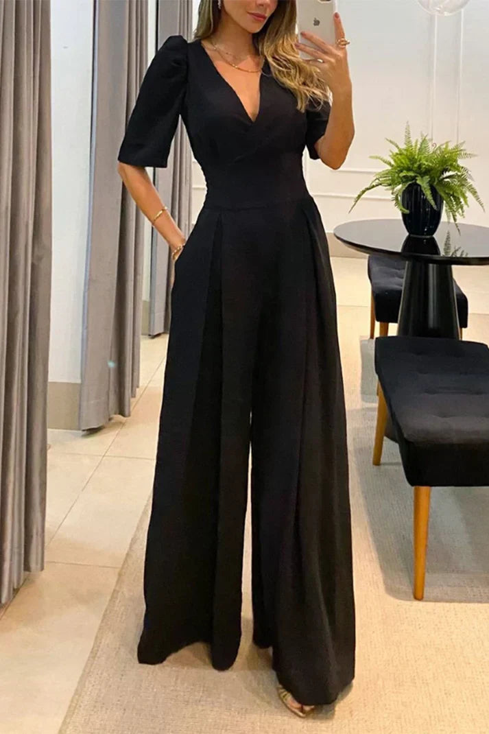 Elegante wijde pijpen Jumpsuit met korte mouwen en V-hals voor vrouwen | Ideaal voor lente/zomer