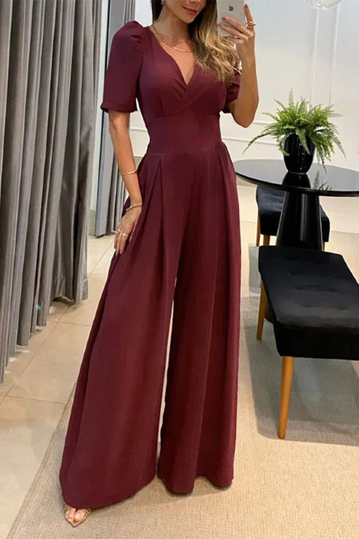 Elegante wijde pijpen Jumpsuit met korte mouwen en V-hals voor vrouwen | Ideaal voor lente/zomer