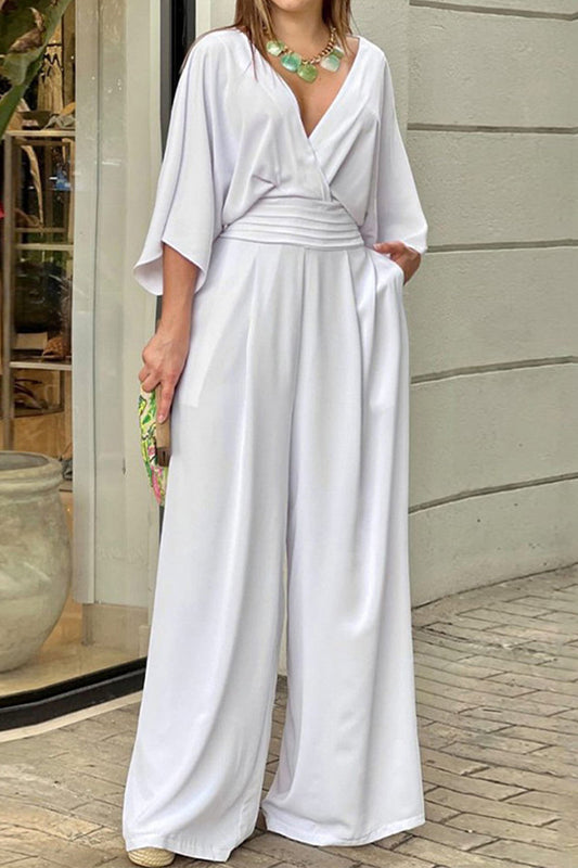 Jumpsuit voor dames met losse pasvorm en geplooide V-hals, ideaal voor de zomer