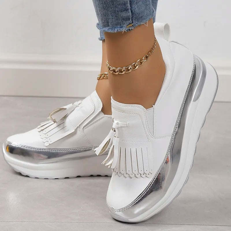 Witte Solveig Damessneakers met Plateauzool Franjes