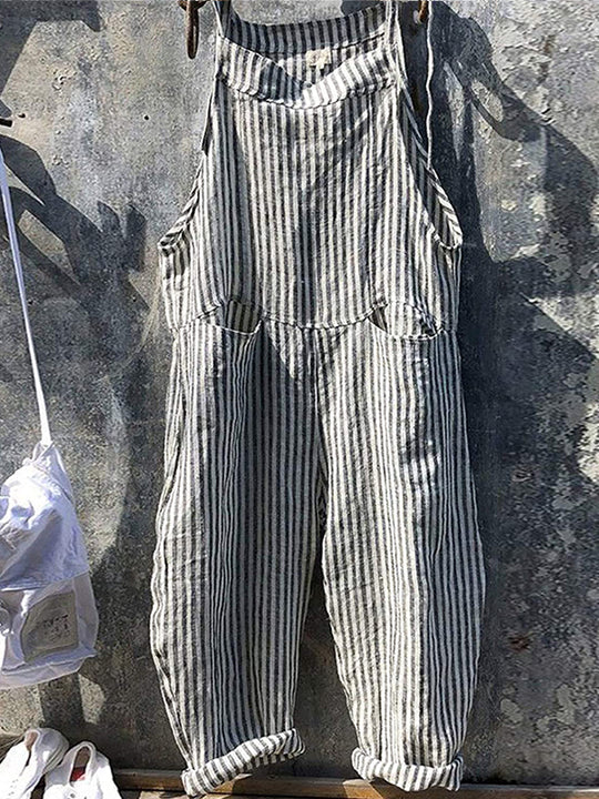 Vintage mouwloze gestreepte baggy jumpsuit voor dames | Ideaal voor lente/zomer