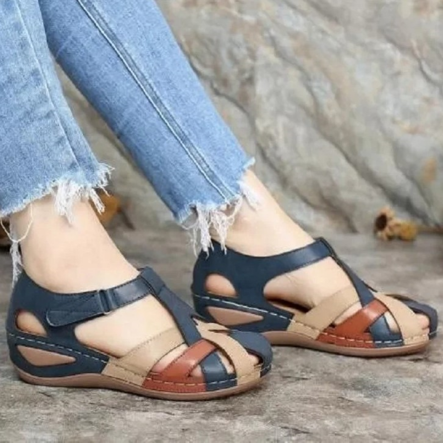 Zomerbries damessandalen donkerblauw-bruin casual