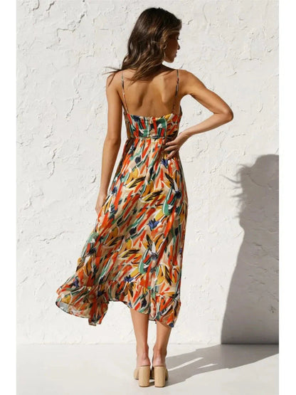 Katoenen midi-jurk bloemenprint spaghettibandjes zomers
