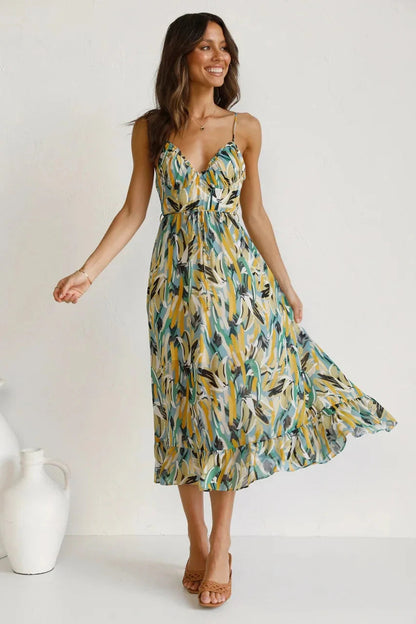 Katoenen midi-jurk bloemenprint spaghettibandjes zomers