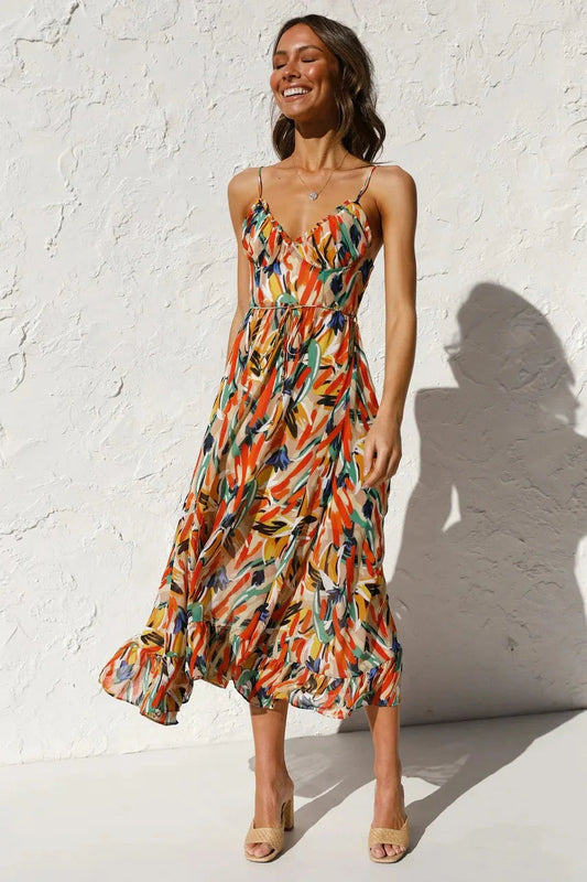 Katoenen midi-jurk bloemenprint spaghettibandjes zomers