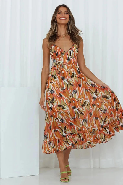 Katoenen midi-jurk bloemenprint spaghettibandjes zomers