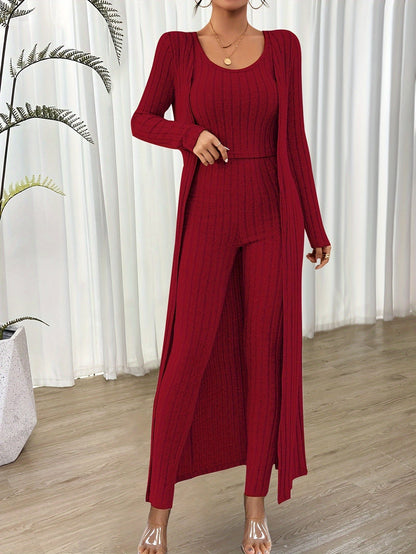 Chloé | Modieuze Geribbelde Crop Top, Lange Mouwen Cardigan en Hoge Taille Broekenset voor Dames | Ideaal voor Herfst/Winter