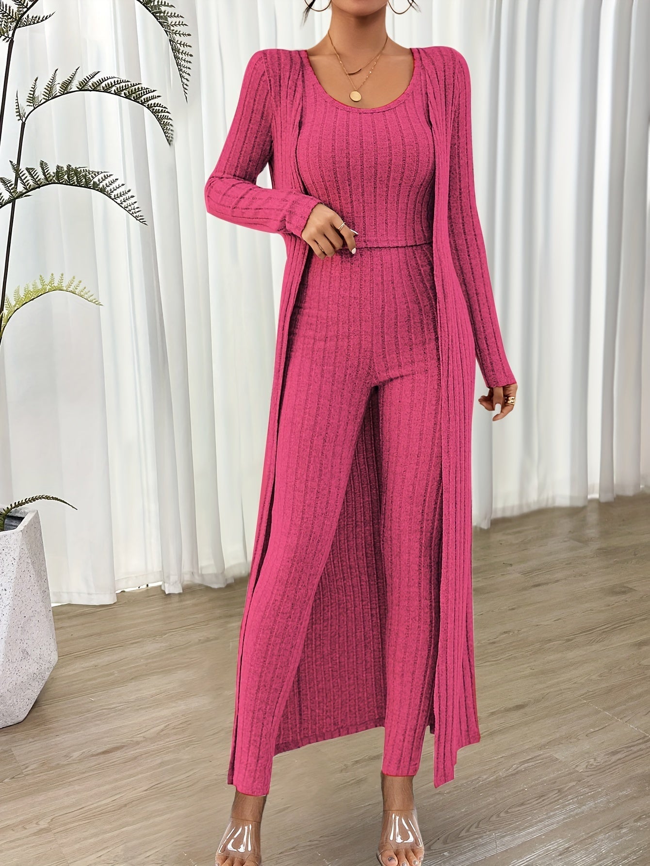 Chloé | Modieuze Geribbelde Crop Top, Lange Mouwen Cardigan en Hoge Taille Broekenset voor Dames | Ideaal voor Herfst/Winter