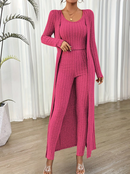 Chloé | Modieuze Geribbelde Crop Top, Lange Mouwen Cardigan en Hoge Taille Broekenset voor Dames | Ideaal voor Herfst/Winter