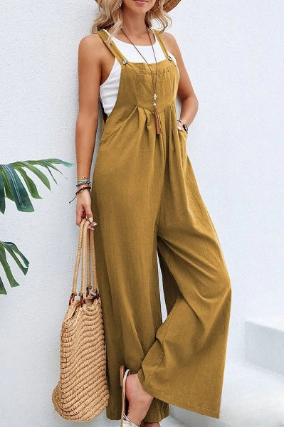 Linnen jumpsuit met verstelbare riem voor vrouwen, losjes met vierkante hals, ideaal voor de zomer