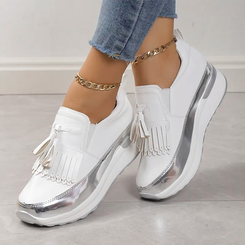 Witte Solveig Damessneakers met Plateauzool Franjes