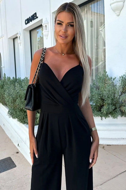 Zwarte wikkel mouwloze geplooide jumpsuit met wijde pijpen voor vrouwen | Ideaal voor lente/zomer