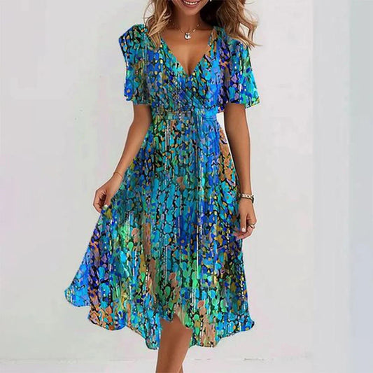 Elegante blauwe chiffonjurk met V-hals voor dames