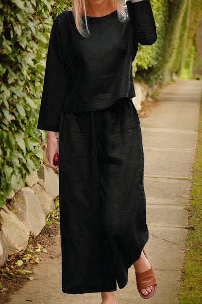 Zwarte linnen blouse en broek set dames casual