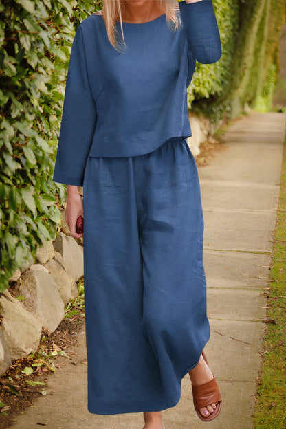 Zwarte linnen blouse en broek set dames casual