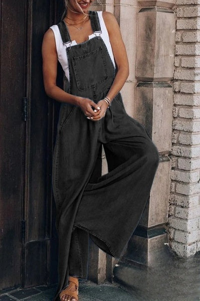 Wijd uitgespreide denim jumpsuit zonder mouwen voor dames, ideaal voor de zomer