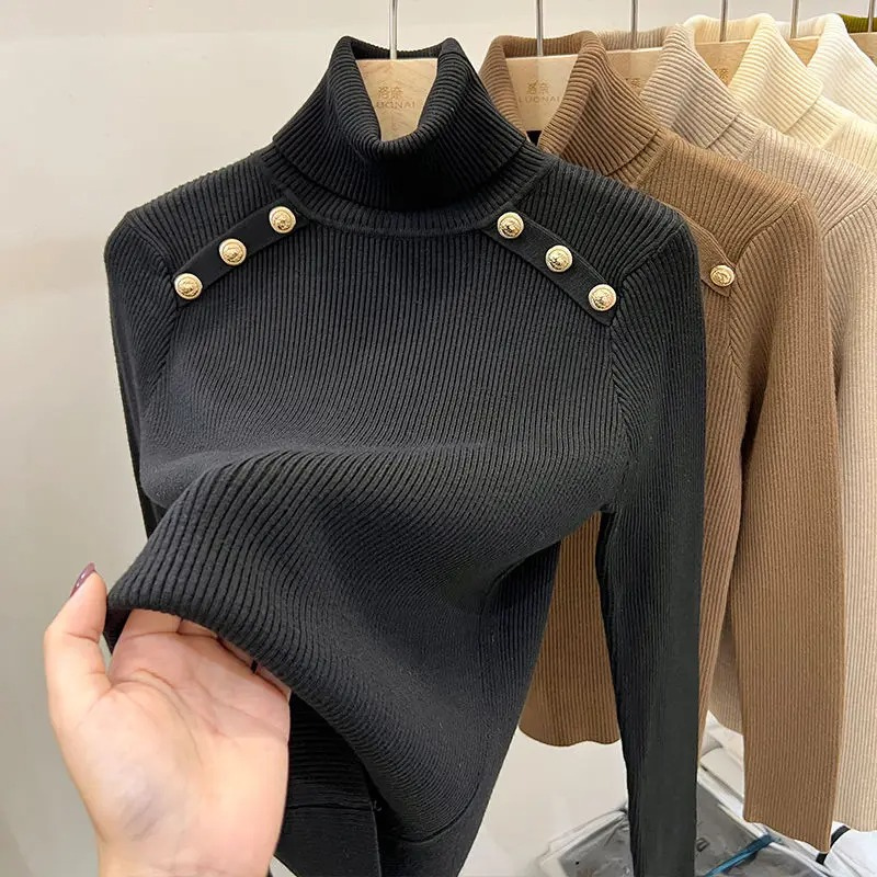 Elegante slim-fit gebreide coltrui met knopen voor dames | Ideaal voor herfst/winter