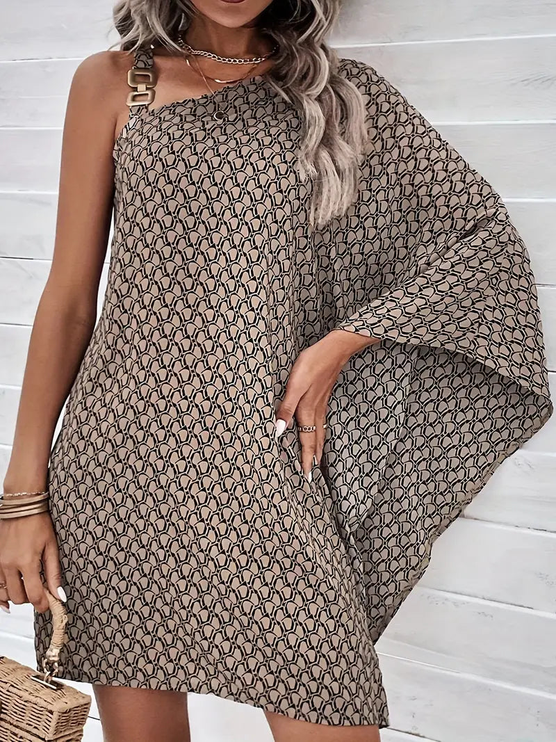 Zwarte jurk met bruine asymmetrische print elegant