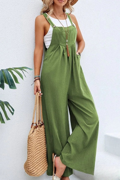 Linnen jumpsuit met verstelbare riem voor vrouwen, losjes met vierkante hals, ideaal voor de zomer