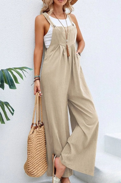 Linnen jumpsuit met verstelbare riem voor vrouwen, losjes met vierkante hals, ideaal voor de zomer