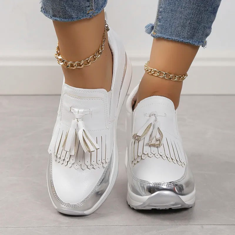 Witte Solveig Damessneakers met Plateauzool Franjes