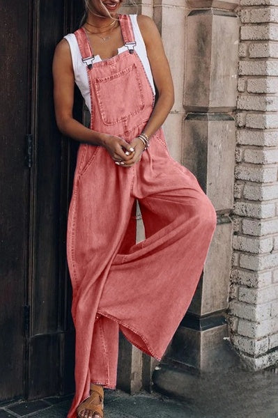 Wijd uitgespreide denim jumpsuit zonder mouwen voor dames, ideaal voor de zomer