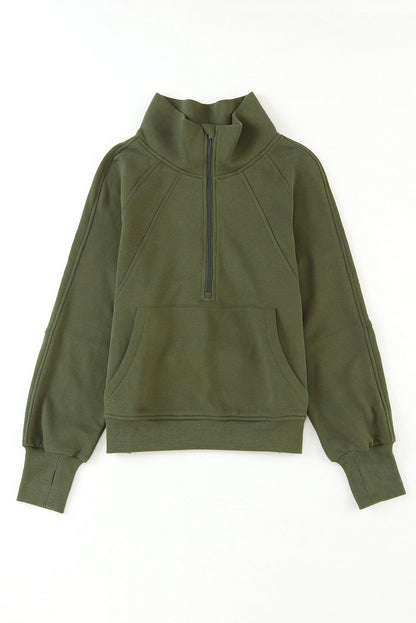 Stijlvolle Bruine Sweatshirt met Rits, Opstaande Kraag en Duimgaten – Perfect voor Casual Comfort