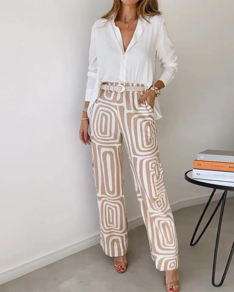 Zinnia broek hoge taille geometrisch patroon khaki