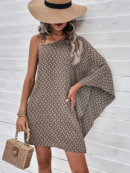 Zwarte jurk met bruine asymmetrische print elegant