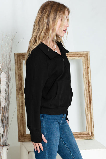 Stijlvolle Bruine Sweatshirt met Rits, Opstaande Kraag en Duimgaten – Perfect voor Casual Comfort