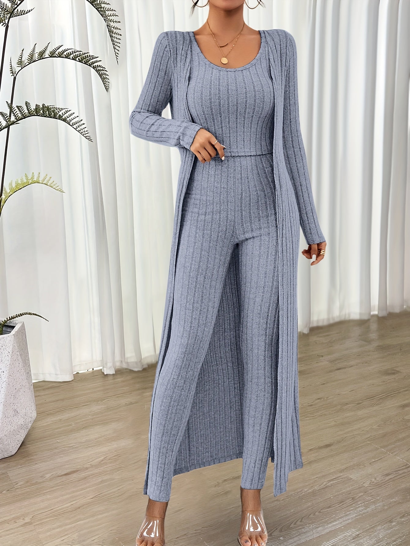 Chloé | Modieuze Geribbelde Crop Top, Lange Mouwen Cardigan en Hoge Taille Broekenset voor Dames | Ideaal voor Herfst/Winter
