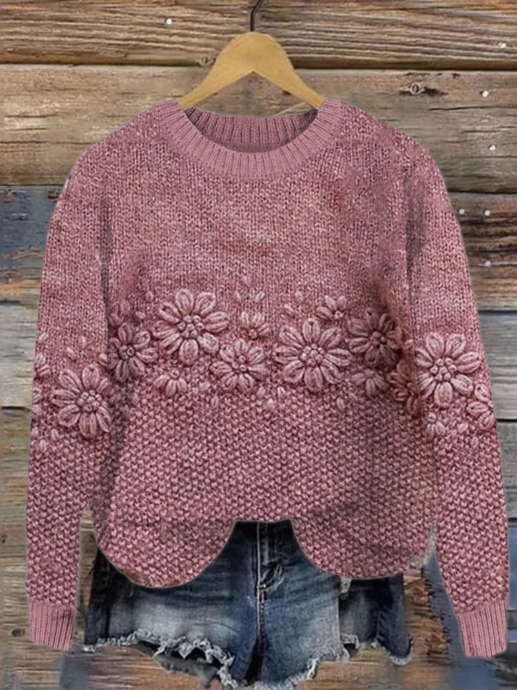 Stijlvolle roze trui met gebloemd jacquardpatroon voor dames | Ideaal voor de herfst/winter