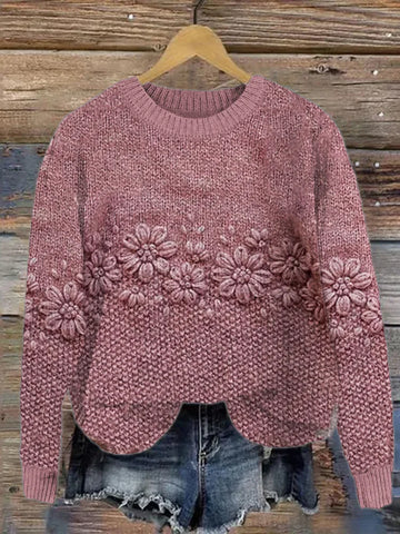 Stijlvolle roze trui met gebloemd jacquardpatroon voor dames | Ideaal voor de herfst/winter