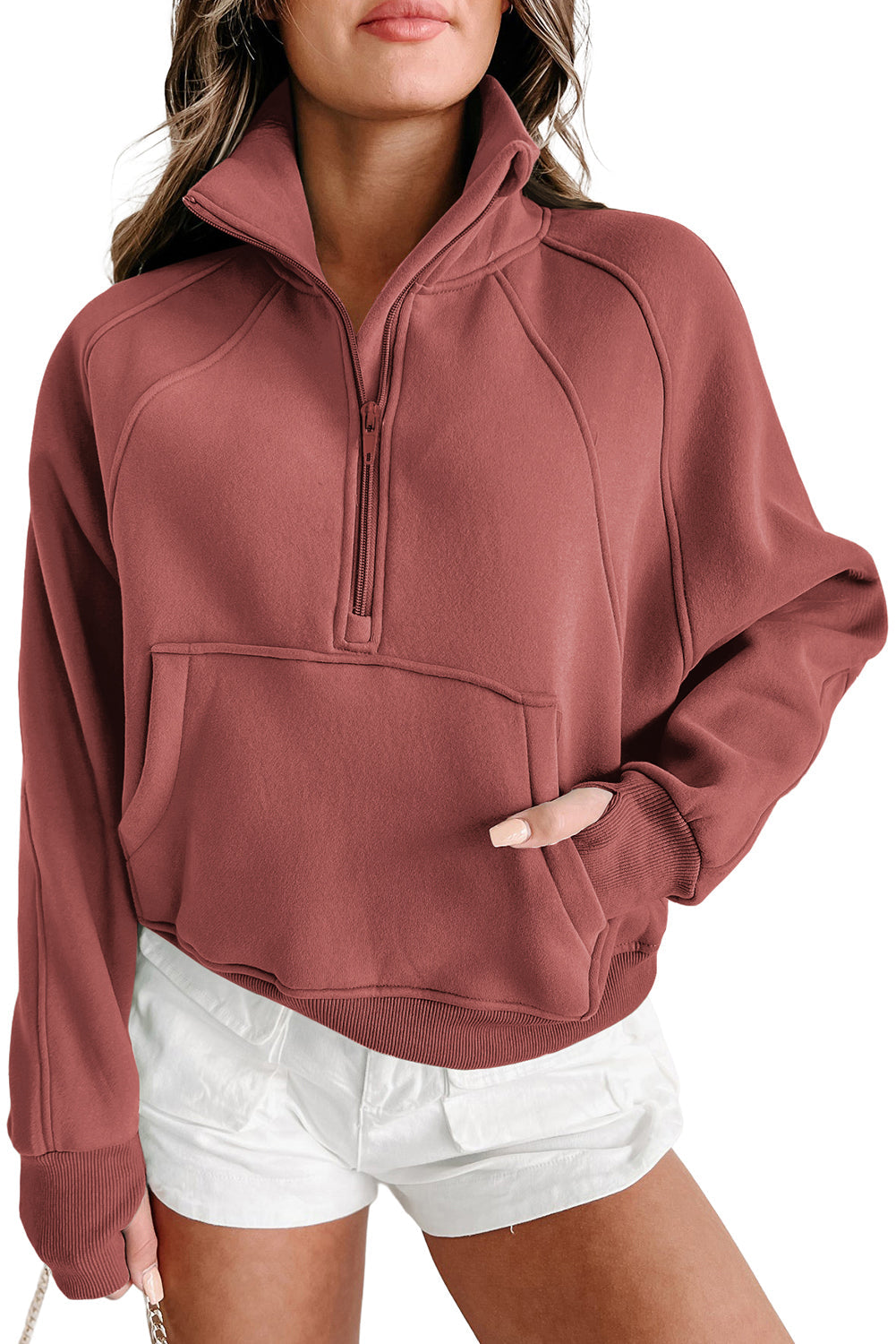 Stijlvolle Bruine Sweatshirt met Rits, Opstaande Kraag en Duimgaten – Perfect voor Casual Comfort