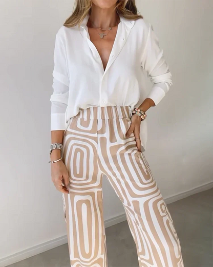 Zinnia broek hoge taille geometrisch patroon khaki