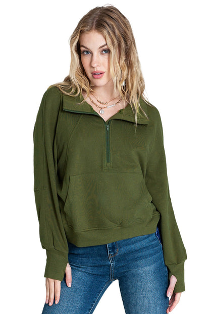 Stijlvolle Bruine Sweatshirt met Rits, Opstaande Kraag en Duimgaten – Perfect voor Casual Comfort