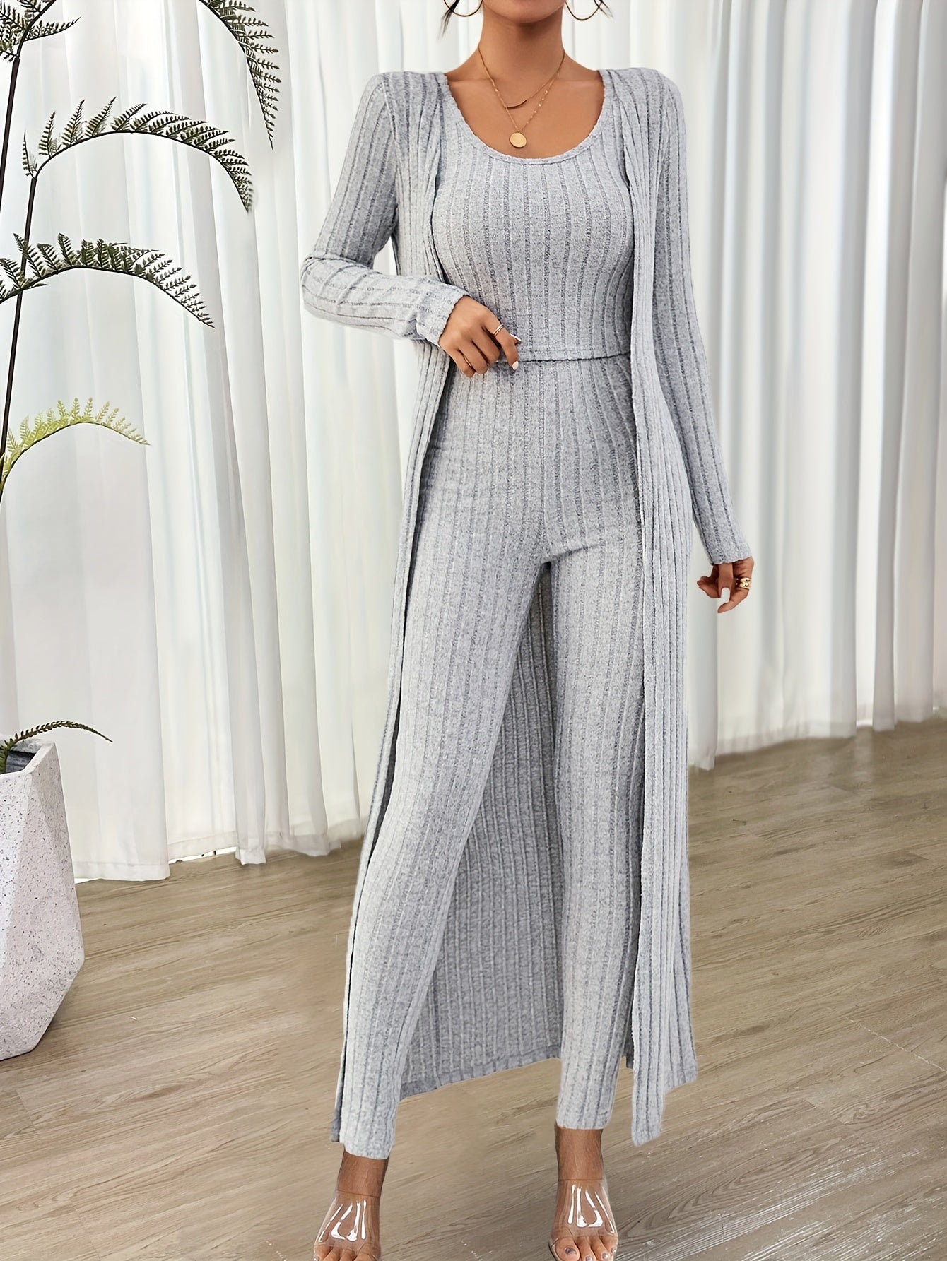 Chloé | Modieuze Geribbelde Crop Top, Lange Mouwen Cardigan en Hoge Taille Broekenset voor Dames | Ideaal voor Herfst/Winter