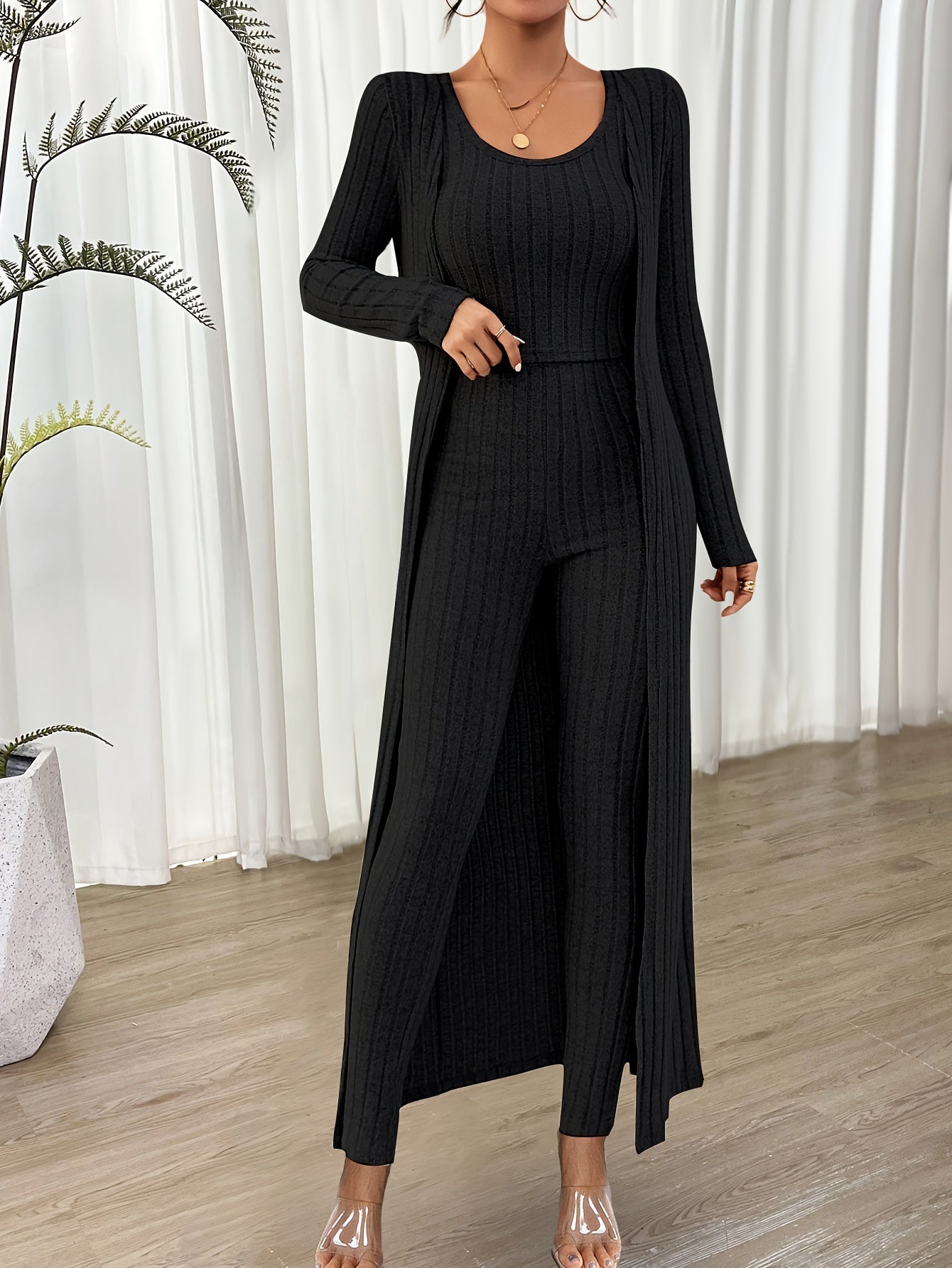 Chloé | Modieuze Geribbelde Crop Top, Lange Mouwen Cardigan en Hoge Taille Broekenset voor Dames | Ideaal voor Herfst/Winter