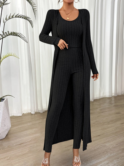 Chloé | Modieuze Geribbelde Crop Top, Lange Mouwen Cardigan en Hoge Taille Broekenset voor Dames | Ideaal voor Herfst/Winter