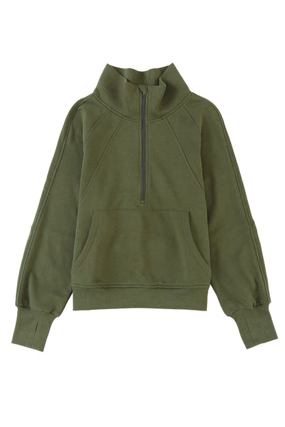 Stijlvolle Bruine Sweatshirt met Rits, Opstaande Kraag en Duimgaten – Perfect voor Casual Comfort