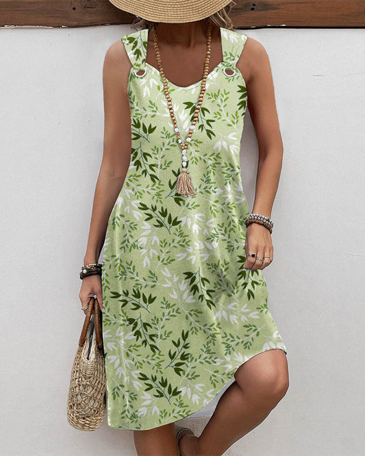 Groene zure mouwloze jurk met bladprint casual