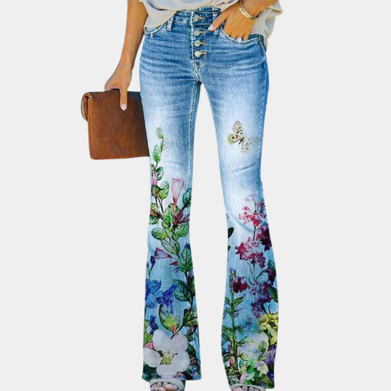 Rosmanda - trendy flared damesjeans met modieuze knopen