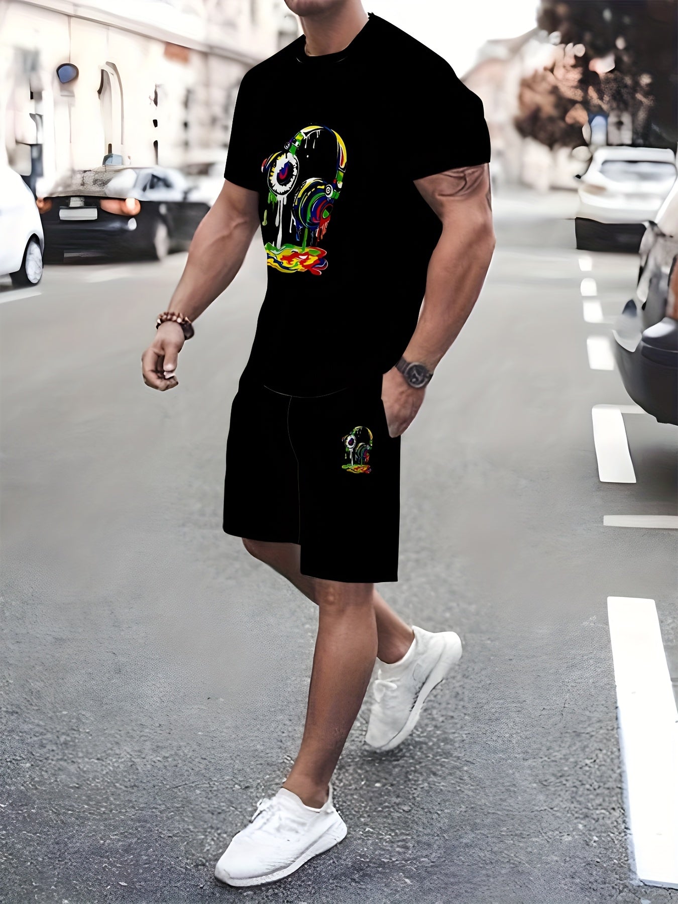 Zwarte Tweedelige Streetwear Set met 3D Graffiti Print